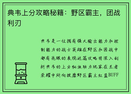 典韦上分攻略秘籍：野区霸主，团战利刃