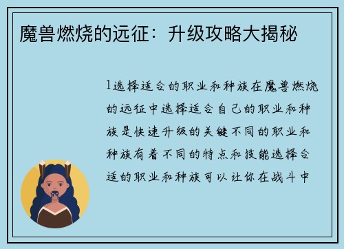 魔兽燃烧的远征：升级攻略大揭秘